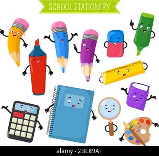 Cartoon 3d Vektor-Zeichen der Schule Schreibwaren. Rechner und Notizbuch, Marker Cartoon-Figur mit Gesichtsillustrierung Stock Vektor