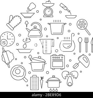 Kochen Lebensmittel und Küchenwerkzeuge dünne Linie Vektor-Symbole. Lineare Symbole, Skala und Braten von Ei, runde Form Küchenabzeichen mit Wasserkocher und Mixer Abbildung Stock Vektor