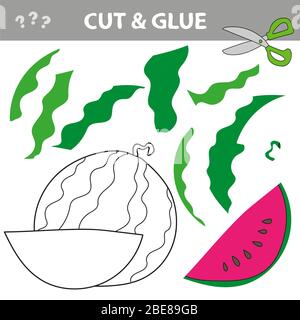 Schneiden und kleben. Verwenden Sie Schere und Kleber und stellen Sie das Bild innerhalb der Kontur wieder her. Einfaches Papier Spiel für Kinder. Einfache Anwendung für Kinder mit Wassermelone Stock Vektor