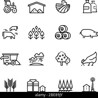 Lineare Vektorsymbole für Farmernte. Agrarwissenschaften und Landwirtschaft Piktogramme. Landwirtschaftliche Symbole, Bauernhof Feld, landwirtschaftliche Geräte, Traktor Transport Illustration Stock Vektor