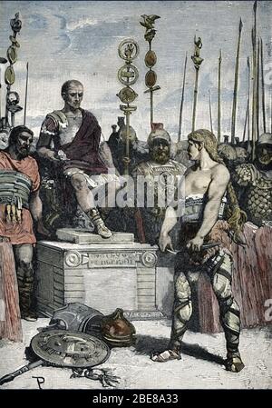 'Le Chef gaulois Vercingetorix (80-46 AV JC) se rendant a Jules Cesar (100-44 AV JC) A Alesia en 52 AV JC - Vercingetorix (72-46 v. Chr.) Gallic Leader, so Stockfoto