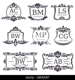 Luxus-Logo-Monogramme mit dekorativen Ornament-Elementen und Buchstaben. Vektor-Set von Monogramm Ornament Retro klassische Dekor Illustration Stock Vektor