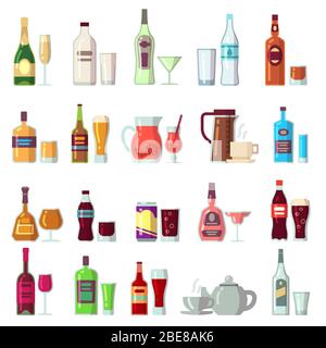 Alkoholische und alkoholfreie Getränke. Getränke in Glas und Flaschen flache Vektorsymbole. Illustration für Cocktail- und Alkoholflasche, Kaffee und Getränke Stock Vektor