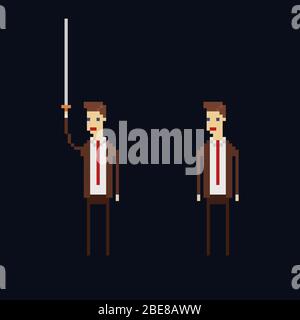 Pixel Art Vektor-Charakter - Cartoon männlichen Büroarbeiter trägt eine braune Suite, rote Krawatte und hält ein Schwert. Isolierte 8-Bit-Darstellung Stock Vektor