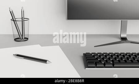 Desktop-Details mit Computerbildschirm, Tastatur, Papier und Stiften. Home Office-Konzept. 3D-Rendering. Stockfoto