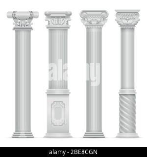 Realistische weiße antike römische Spalte Vektor-Set. Gebäude Steinsäulen. Antike Gebäude Architektur Spalte Illustration Stock Vektor