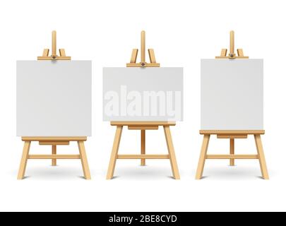 Holzbalken oder Gemälde Art Boards mit weißen Leinwand in verschiedenen Größen. Plakatmockups mit leeren Bildern. Holzbrett mit Papier weißen Leinwand Illustration Stock Vektor