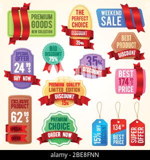 Sale und Rabatt Preisschilder, Ribbon Banner mit Promo-Text. Promotion Abzeichen Vektor Set besten Preis und exklusives Produkt, Sonderangebot Etikett Illustration Stock Vektor