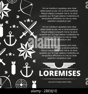 Tafel Poster Design mit Schwertern, Anker, Pfeil für Armee oder Marine. Vektorgrafik Stock Vektor