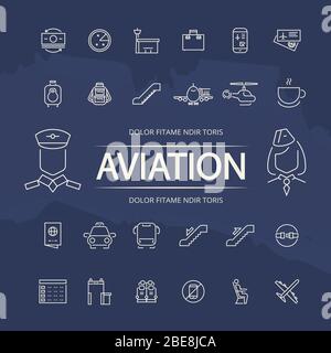 Luftfahrt umreiß Icons Sammlung auf blauem Grunge Hintergrund. Vektorgrafik Stock Vektor
