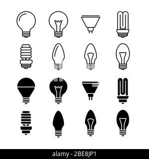 Leuchtmittel Linie und Silhouette Symbole isoliert auf weiß. Satz von Glühbirne und Lampe Elektrizität, Vektor-Illustration Stock Vektor