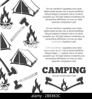 Campingplakat mit Feuer, Äxte, Zelt. Sommer Abenteuer Bannerdesign, Vektor-Illustration Stock Vektor