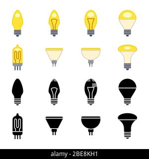 Schwarze Silhouetten und bunte Glühbirnen Symbole isoliert auf weiß. Power-Licht Lampe elektrisch, Vektor einfach helle Lampe, Illustration von elektrischen Glühbirne Stock Vektor