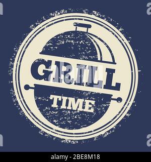 Grill Time Grunge Label Design auf blauer Kulisse. Vektorgrafik Stock Vektor