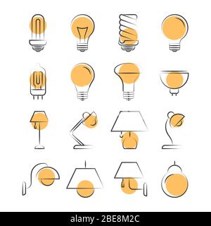 Symbole für die Lampenlinie sind isoliert auf weiß gesetzt. Möbel Lampe Grafik, Vektor-Illustration Stock Vektor