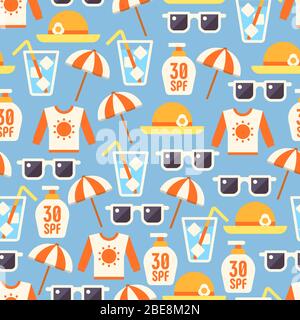 Sun Protect nahtlose Muster mit Lotion, Sonnenbrille, Sonnenschirm, T-Shirt und Hut. Vektorgrafik Stock Vektor