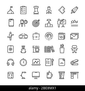 Sammlung von Symbolen für Büro- und Zeitmanagement. Strategie und Hierarchie, Taktik und Ziel, Vektorgrafik Stock Vektor