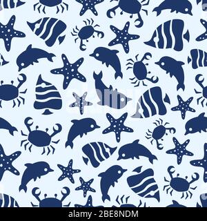 Sealife Nahtloses Muster mit Fischen, Seesternen, Krabben und Delfinen. Hintergrund nahtlose Muster Seestern und Seesterne. Vektorgrafik Stock Vektor