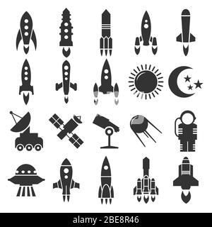 Rakete und Raumschiff, Astronomie-Ikonen Design. Raumschiff und Satellit, Vektorgrafik Stock Vektor