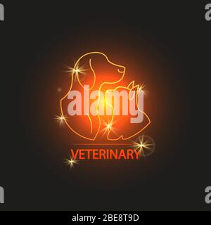 Shine Veterinary Logo Design mit Katze und Hund. Abzeichen Veterinärklinik. Vektorgrafik Stock Vektor