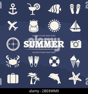 Sommer Urlaub Icons Set - Reise Abenteuer Symbol. Sommer Reise Ikone Anker und Sonne, Cocktail und Freizeit, Vektor-Illustration Stock Vektor