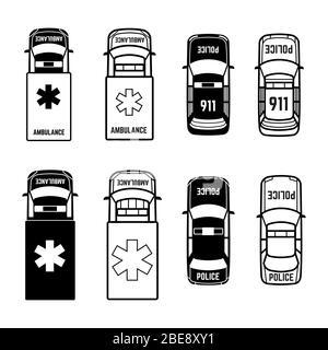 Krankenwagen und Polizeiautos Symbole auf weißem Hintergrund. Vektorgrafik Stock Vektor