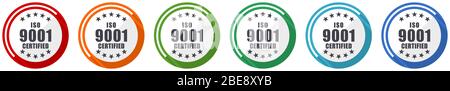 ISO 9001 Icon Set, flache Design Vektor Illustration in 6 Farben Optionen für webdesign und mobile Anwendungen Stock Vektor