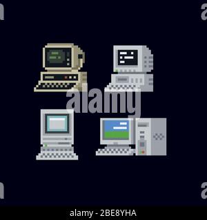 Retro Personal Computer mit Terminal-Konsole Befehle auf dem Bildschirm, Computergehäuse und Tastatur Vintage Vektor Illustration Symbol gesetzt, isoliert Stock Vektor