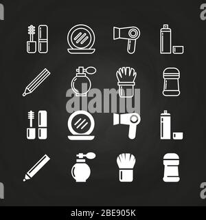 Kosmetik-Ikonen auf Tafel gesetzt - Kosmetik Linie und Silhouetten Elemente. Kreidetafel Silhouette Schönheit und Pflege Sammlung Illustration Stock Vektor