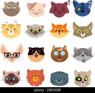 Spaß Cartoon Katze Gesichter. Niedliche Kätzchen Porträts Vektor-Set. Cartoon Katzen Tier Gesicht Illustration Stock Vektor