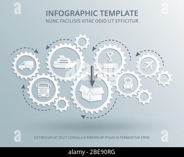 Lieferung und Verteilung Business Vektor consept mit Zahnradmechanismus, Transport, Verpackung und Versand Symbole. Abbildung Transport- und Logistikbranche Stock Vektor