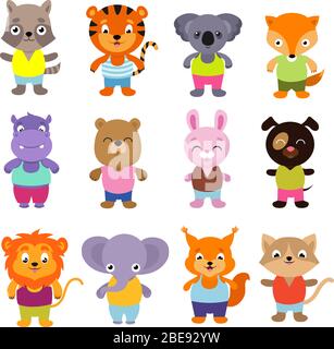 Cute cartoon baby animals vector set. Collection of color animals koala and lion, elephant and tiger, bear and fox, hippo and rabbit illustration Stock Vektor