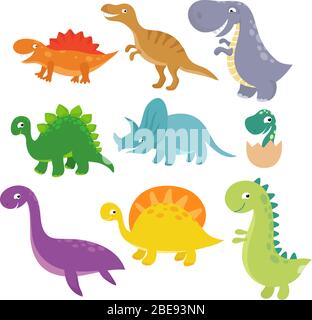 Niedliche Baby Dino Vektor Zeichen isoliert Vektor-Set. Cartoon farbige Dinosaurier Tyrannosaurus und triceratops Illustration Stock Vektor