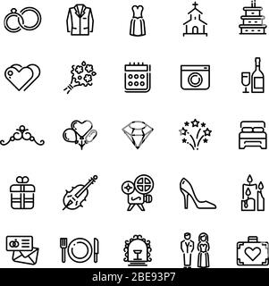 Romantik Hochzeit Feier und Liebe in Ehe Vektor-Linie Symbole. Hochzeit und Ehe lineare Symbole Set Illustration Stock Vektor