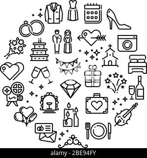 Hochzeit Party Spaß Kontur Vektor-Symbole. Hochzeitsfeier, Hochzeit Abzeichen rund mit Sammlung von Linien-Symbole Illustration Stock Vektor