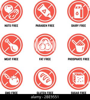 Symbole für die Ernährung von Lebensmitteln. GVO frei, kein Gluten, zuckerfrei und Allergie Vektor-Symbole gesetzt. Kein Zucker und Gluten, Verbot gvo und Phosphat Illustration Stock Vektor