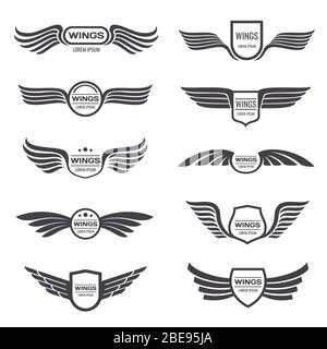 Fliegender Adler Flügel Vektor-Logos Set. Vintage geflügelte Embleme und Etiketten. Illustration Adler Vintage Flügel Emblem Stock Vektor