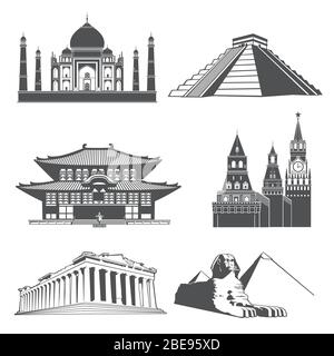 Reise Silhouette Wahrzeichen mit berühmten Weltmonumenten Vektor-Set. Berühmte Denkmal Statue und Tempel Architektur Illustration Stock Vektor