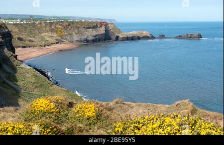 Saltwick Bay in der Nähe von Whitby - eine abgeschiedene Bucht mit einem attraktiven Strand und der Stätte der historischen Alaumbrüche Stockfoto