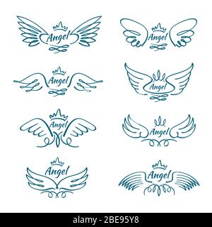 Elegante Engel fliegende Flügel. Hand gezeichnet Flügel Tattoo Vektor Design-Kollektion. Engel Flügel Linie, Illustration der Freiheit Tattoo Skizze von Hand gezeichnet Stock Vektor