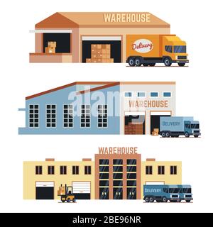 Vektorsymbole für Lagergebäude, Industriebau und Fabriklagerung. Satz von Lagergebäude und Lieferwagen Abbildung Stock Vektor
