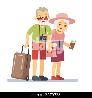 Alte Leute, die im Urlaub sind. Lächelnde Großeltern im Urlaub. Glücklich ältere Veteran Reisen Vektor-Konzept. Alter Reisemann und Frau, Großeltern mit Gepäck zur Urlaubsillustration Stock Vektor