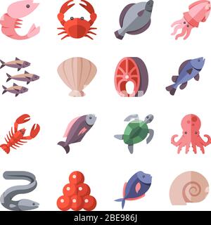 Meeresfrüchte Delikatessen und Kochen Fisch Vektor flache Symbole auf weiß isoliert. Krabben und Aal, Schnecke und exotische Muschel Meeresfrüchte Illustration Stock Vektor