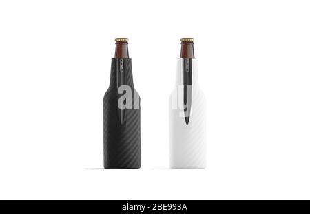 Blank schwarz und weiß zusammenklappbare Bierflasche koozie mockup, isoliert Stockfoto