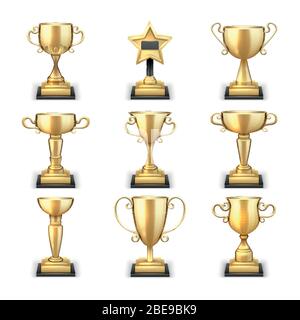 Gewinner goldene Trophäe Tassen und Sport Auszeichnungen Vektor-Kollektion isoliert auf weißem Hintergrund. Cup goldene Leistung, Sieg und Preis Sport Illustration Stock Vektor