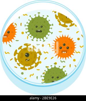 Petrischale mit Cartoon Mikroben. Bakterien und Viren Mikrobiologie, Vektorgrafik Stock Vektor