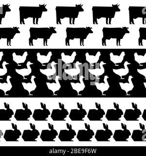 Tiere auf dem Bauernhof Silhouetten nahtlose Grenzen. Schwarz-weiße Silhouette Bauernhof Tier. Vektorgrafik Stock Vektor