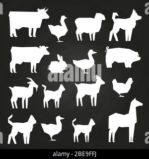Weiße Nutztiere Silhouetten Symbole auf schwarzem Hintergrund. Vektorgrafik Stock Vektor