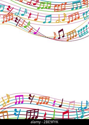 Musikalischer Hintergrund mit bunten Musiknoten und Wellen. Vektorgrafik