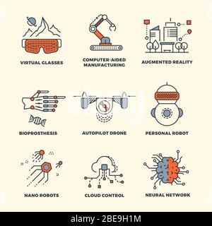 Design von Thin Line-Konzepten für zukünftige Technologien. Innovation Technologie Entwicklung, Ausrüstung virtuelle Brille und Computer-Fertigung. Vektorgrafik Stock Vektor